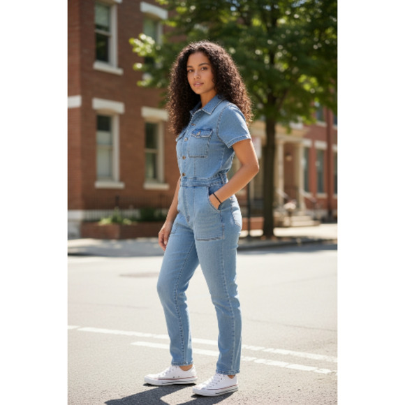 Good American Short Sleeve Denim Jumpsuit NWT Medium - Picture 4 of 4